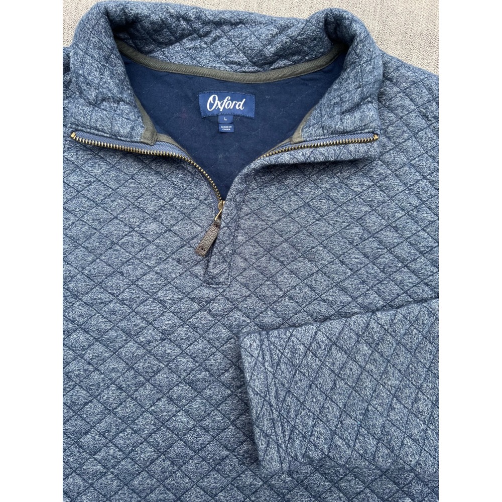 Oxford Mens Blue Quilted Quarter Zip Pullover Sweater Diamond Pattern Large